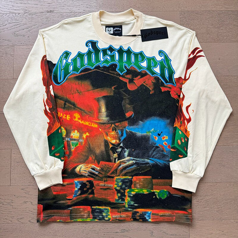 GodSpeed Skull Card Graphic Long Sleeve T-Shirt