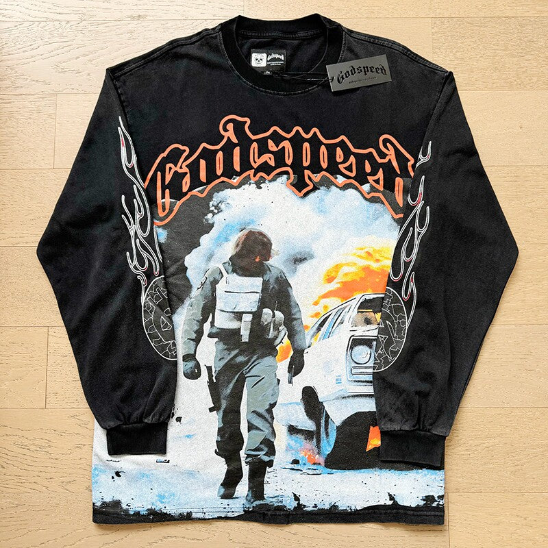 GodSpeed Washed Black Racing Graphic Long Sleeve T-Shirt