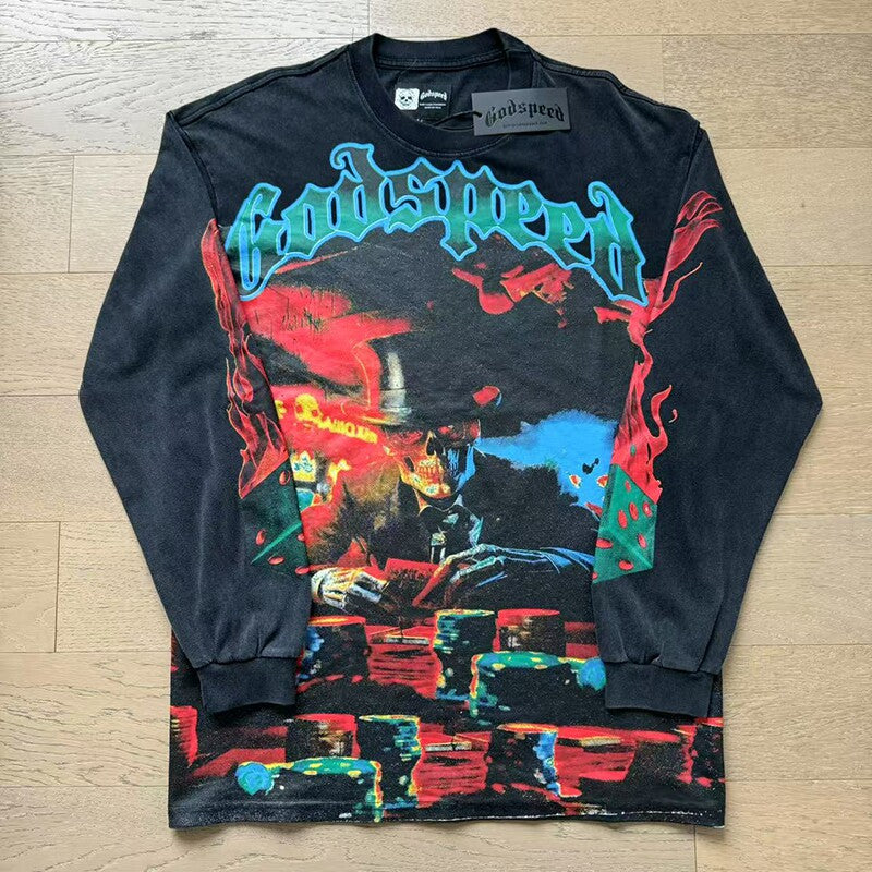 GodSpeed Washed Black Gothic Graphic Long Sleeve T-Shirt