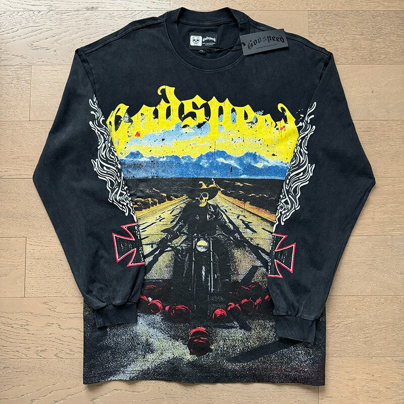 GodSpeed Washed Black Motorcycle Graphic Long Sleeve T-Shirt