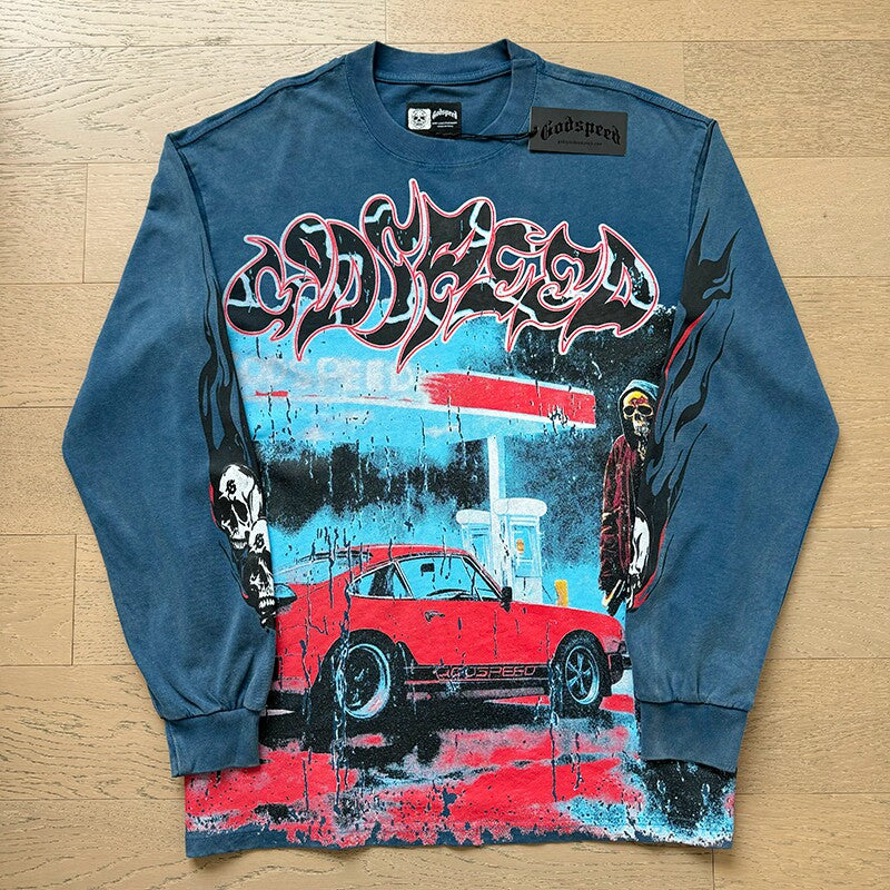 GodSpeed Washed Black Motorcycle Graphic Long Sleeve T-Shirt