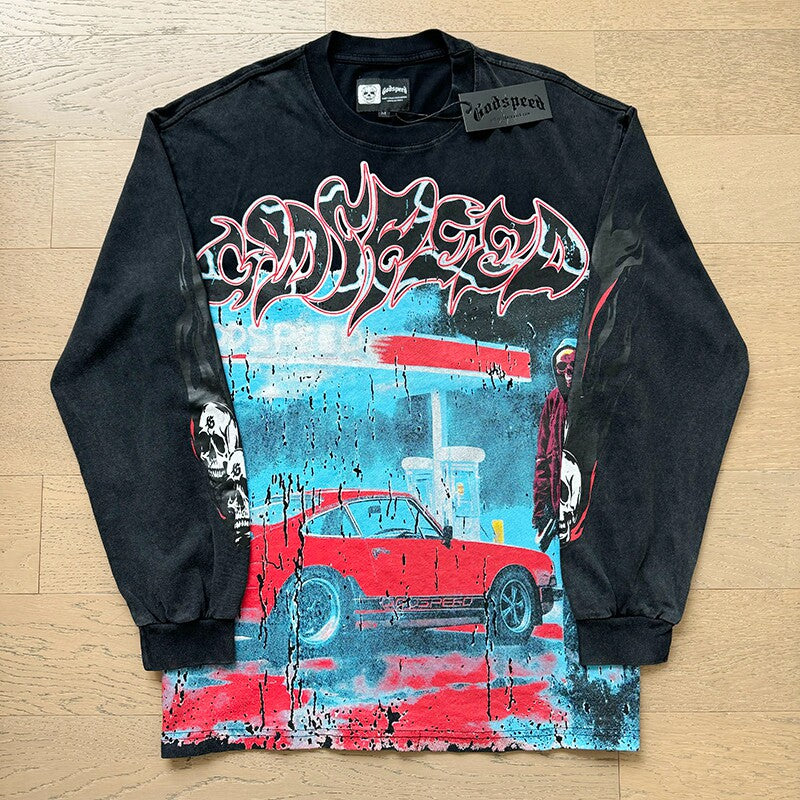 GodSpeed Washed Black Car Graphic Long Sleeve T-Shirt