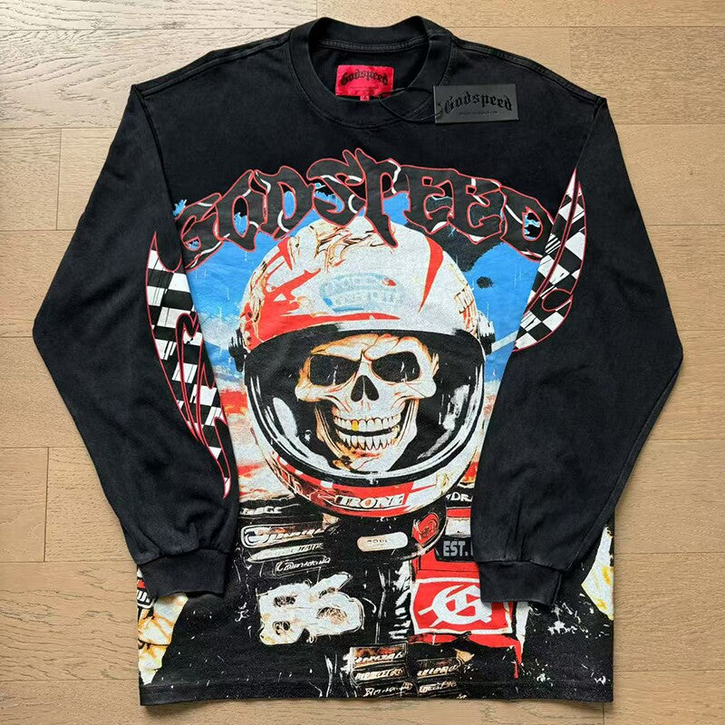 GodSpeed Washed Black Racing Skull Graphic Long Sleeve T-Shirt