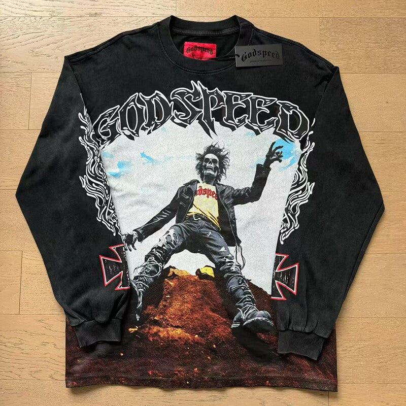 GodSpeed Washed Black Skull Biker Graphic Long Sleeve T-Shirt
