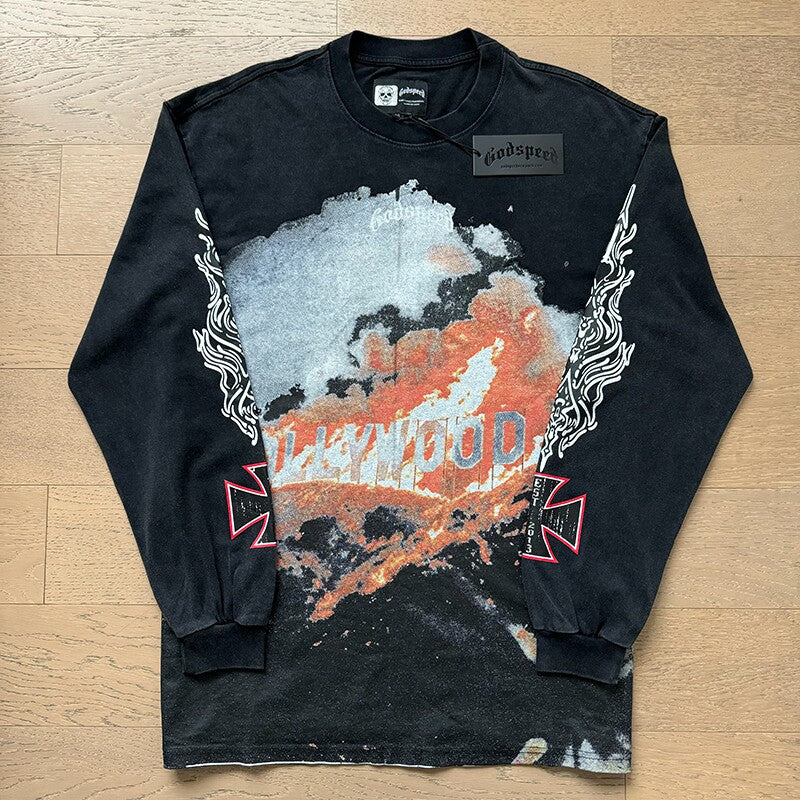 GodSpeed Washed Black Hollywood Graphic Long Sleeve T-Shirt