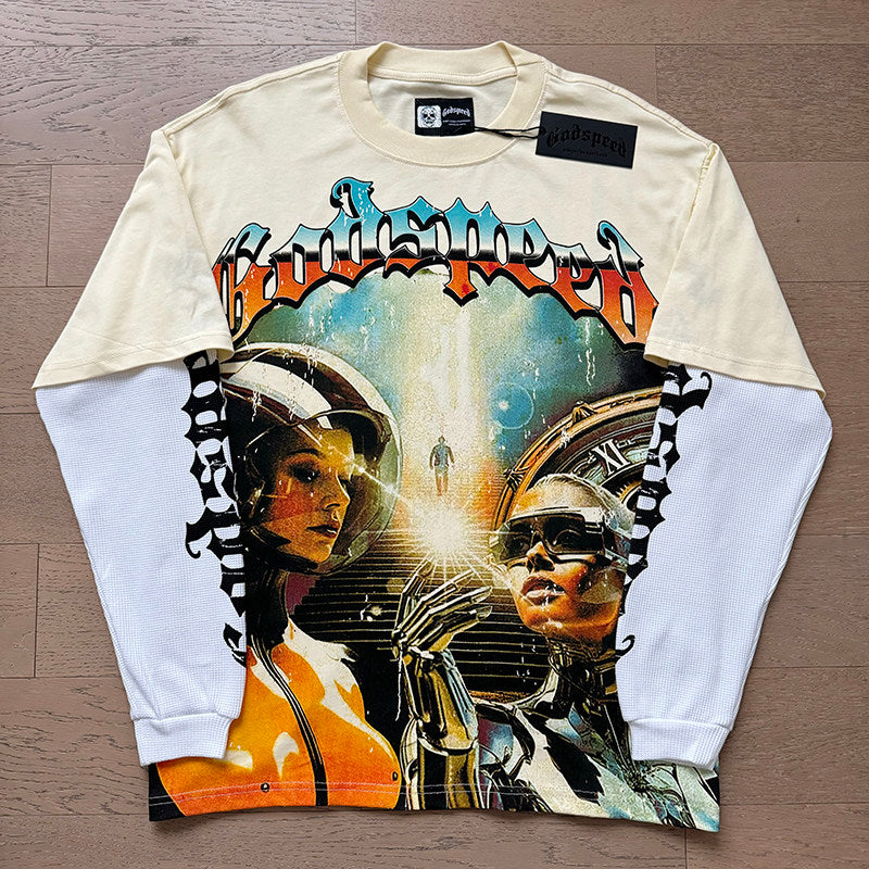 GodSpeed Cream Space Graphic Layered Long Sleeve T-Shirt