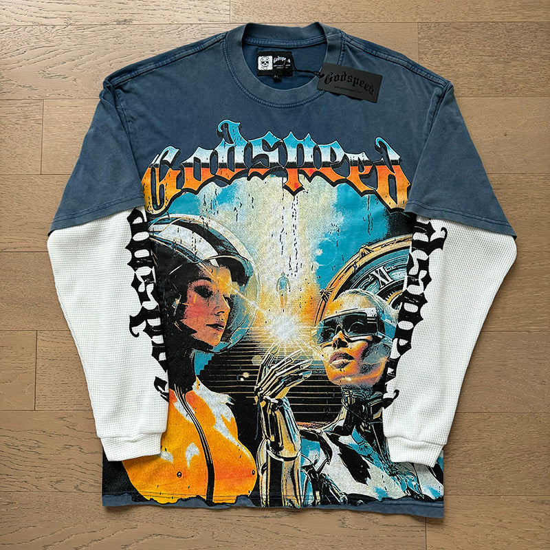 GodSpeed Blue Space Graphic Layered Long Sleeve T-Shirt