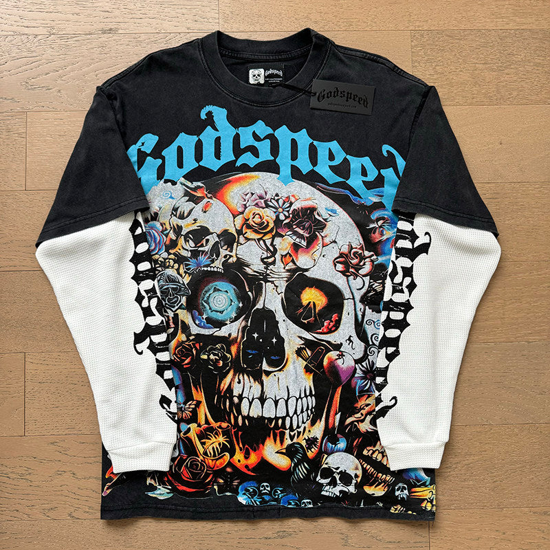 GodSpeed Skull Rose Graphic Layered Long Sleeve T-Shirt