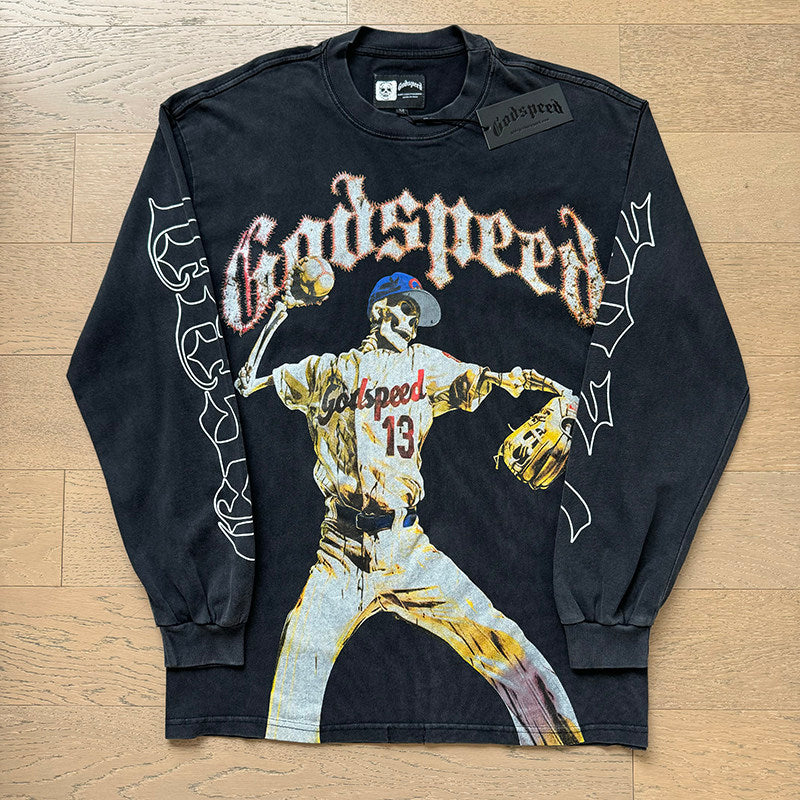 GodSpeed Skeleton Baseball Graphic Long Sleeve T-Shirt