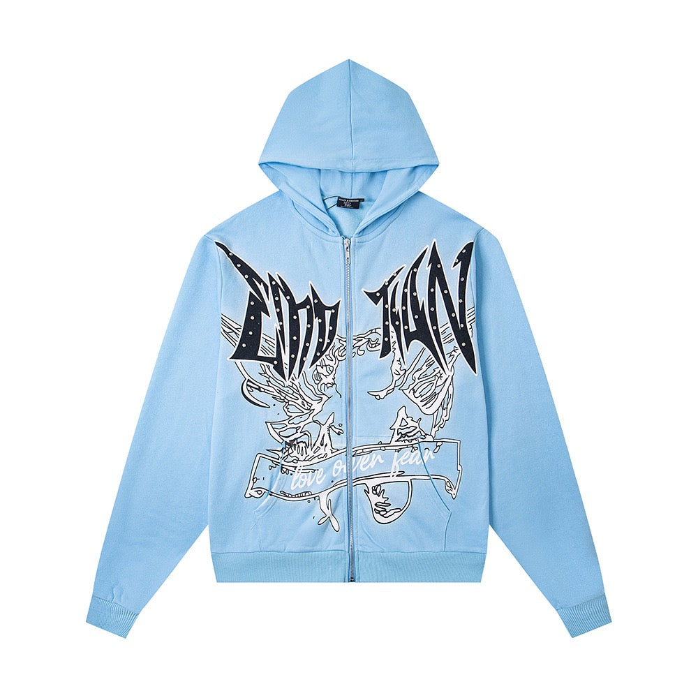 EMOTION Angel Graphic Blue Zip Up Hoodie