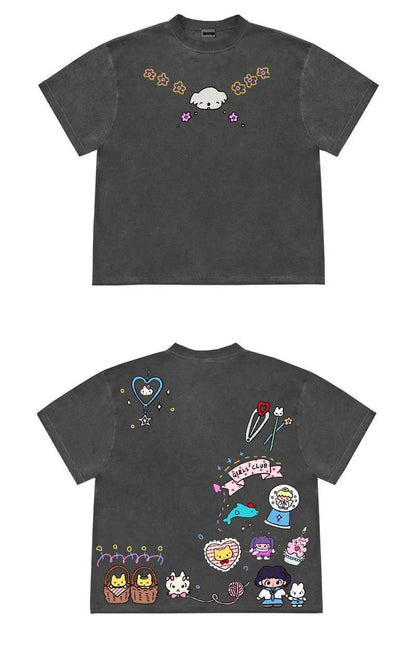 Girls Club Cartoon Double-Sided Graphic Oversized T-Shirt