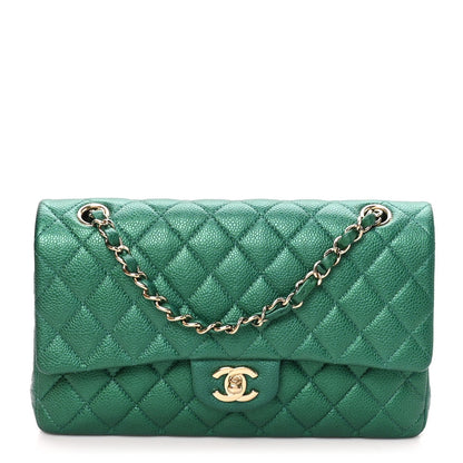 Metallic Caviar Quilted Medium Double Flap Green