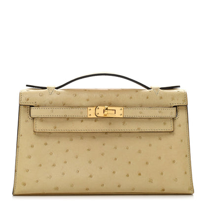Ostrich Kelly Pochette Clutch Parchemin