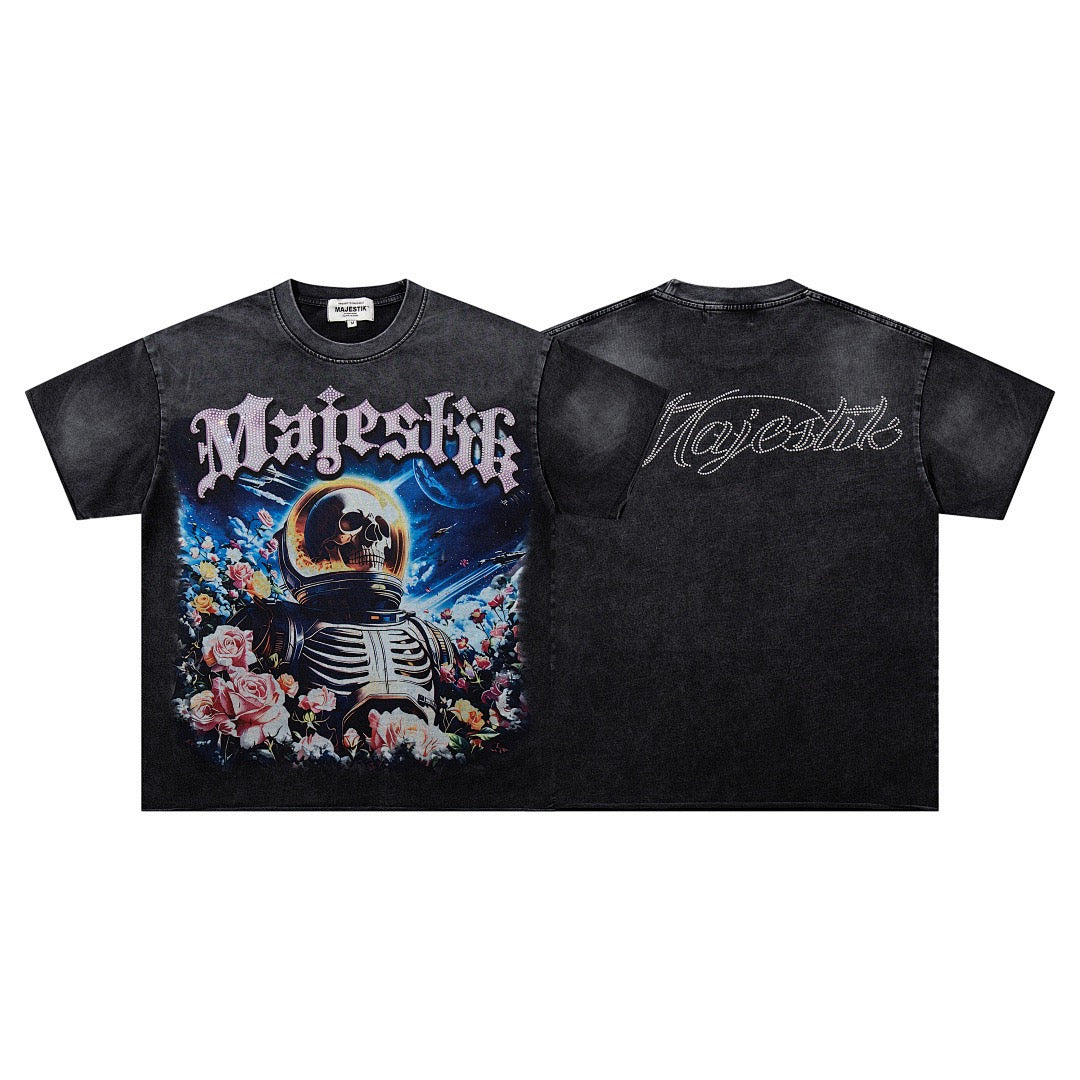 MAJESTIK Cosmic Skull Graphic Vintage T-Shirt