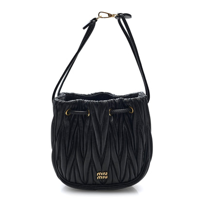 Nappa Matelasse Mini Drawstring Bucket Bag Black