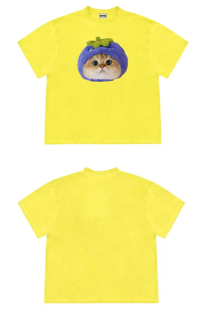 Cute Eggplant Cat Graphic Oversized T-Shirt – Kawaii Cotton Tee