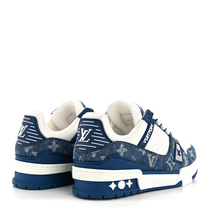 Calfskin Embossed Monogram Denim Womens LV Trainer Sneakers 35.5 Blue