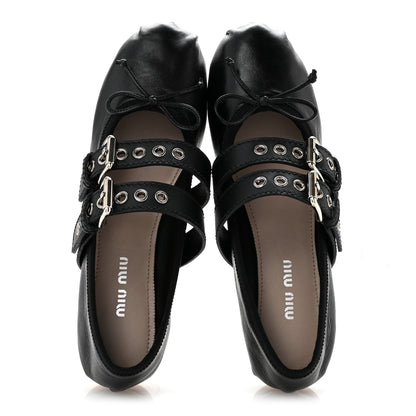 Nappa Vitello Nevada Double Buckle Ballerina Flats 36 Black