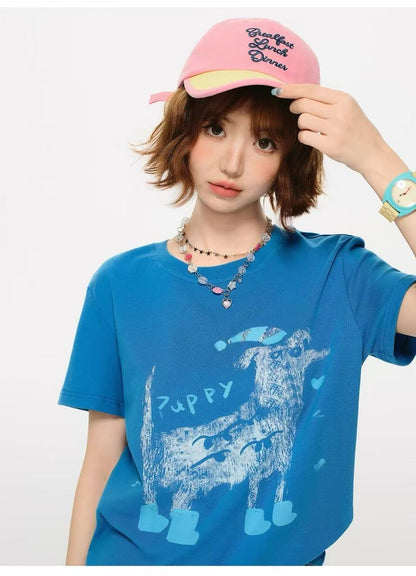 Vintage Puppy Graphic T-Shirt – Cute Dog Print Casual Cotton Tee