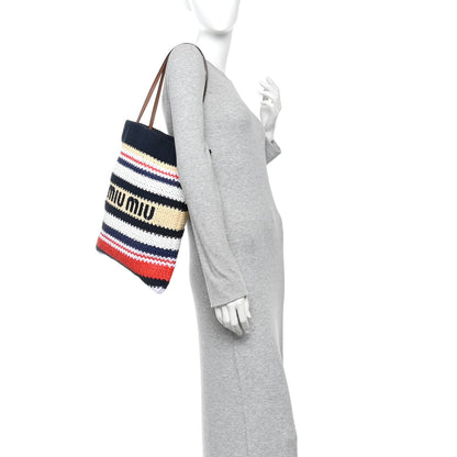 Raffia Crochet Stripe Vertical Tote Bag  Blue Red Natural