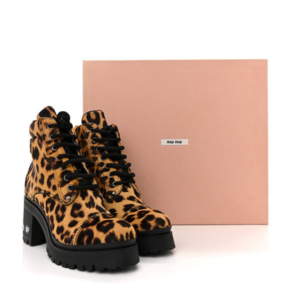 Cavallino Calf Hair Leopard Lace Up Boots 37.5 Miele