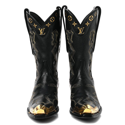Calfskin LV Texan Mens Rider Boots 7.5 Black Gold