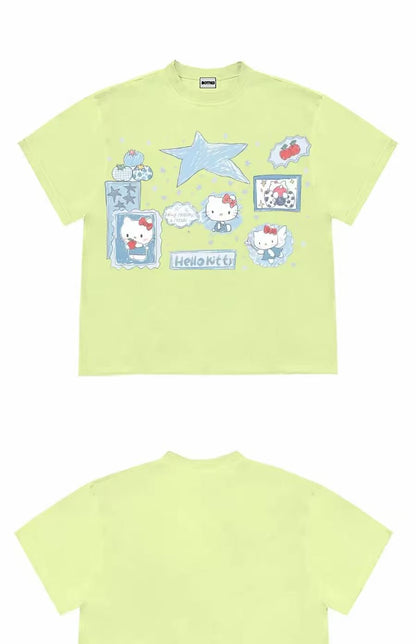 Blue Kitty Graphic Oversized T-Shirt