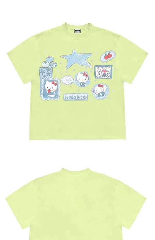 Blue Kitty Graphic Oversized T-Shirt