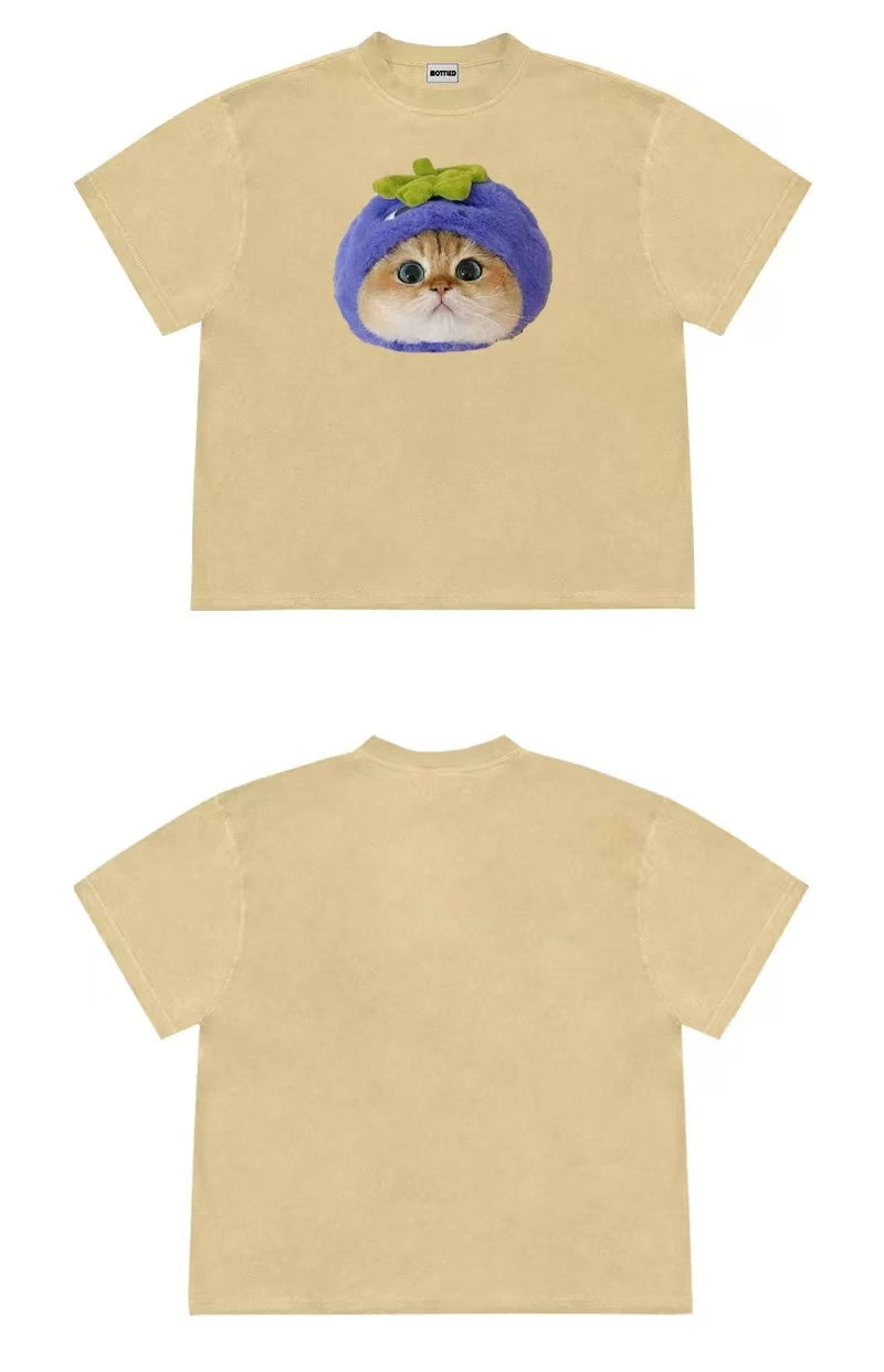 Cute Eggplant Cat Graphic Oversized T-Shirt – Kawaii Cotton Tee