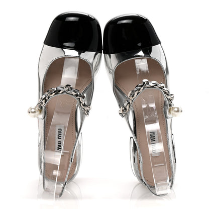 Metallic Patent Chain Pearl Slingback Pumps 36.5 Silver Black