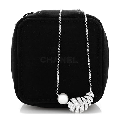 18K White Gold Diamond Cultured Pearl Plume De Chanel Necklace