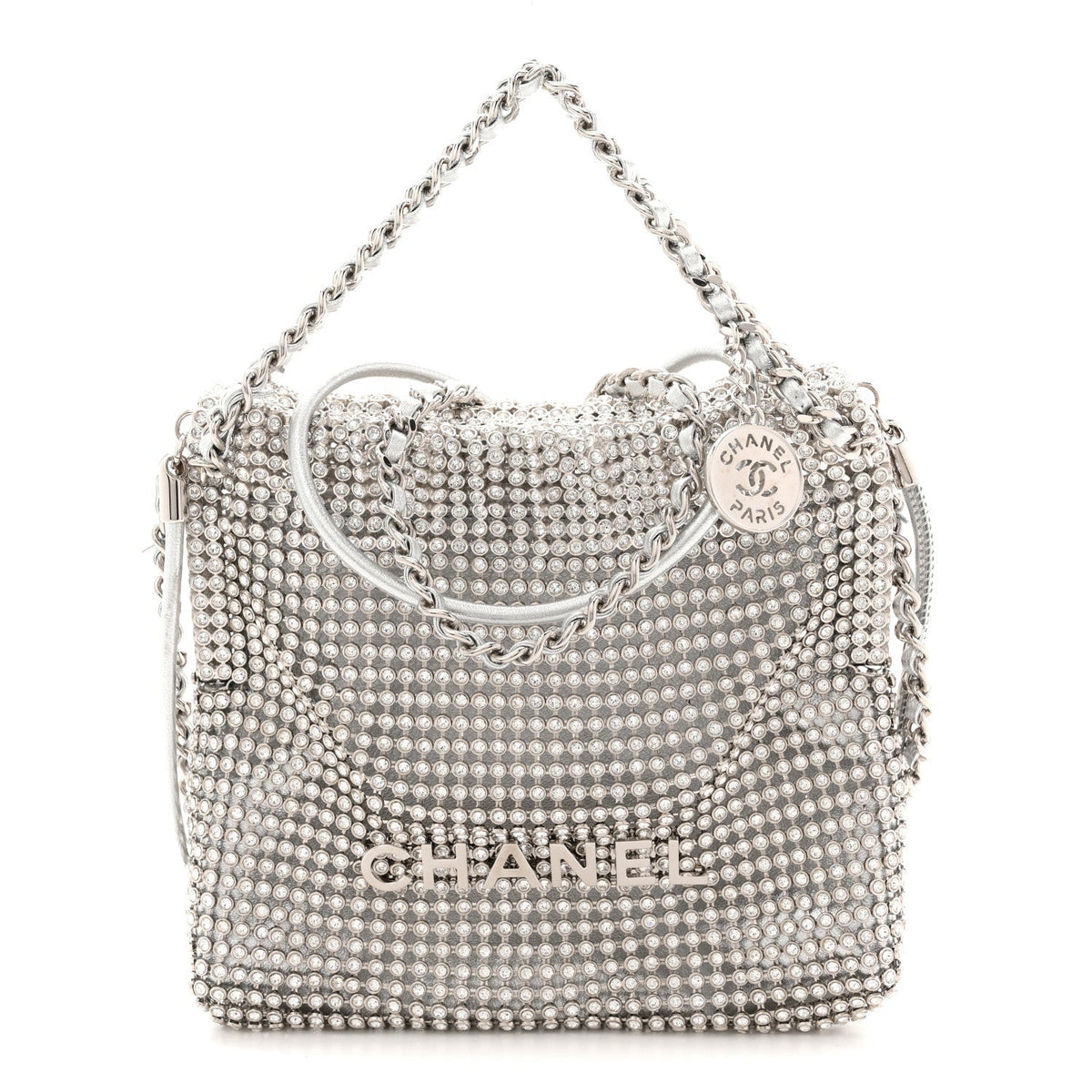Crystal Embellished Metallic Lambskin Mini Chanel 22 Silver