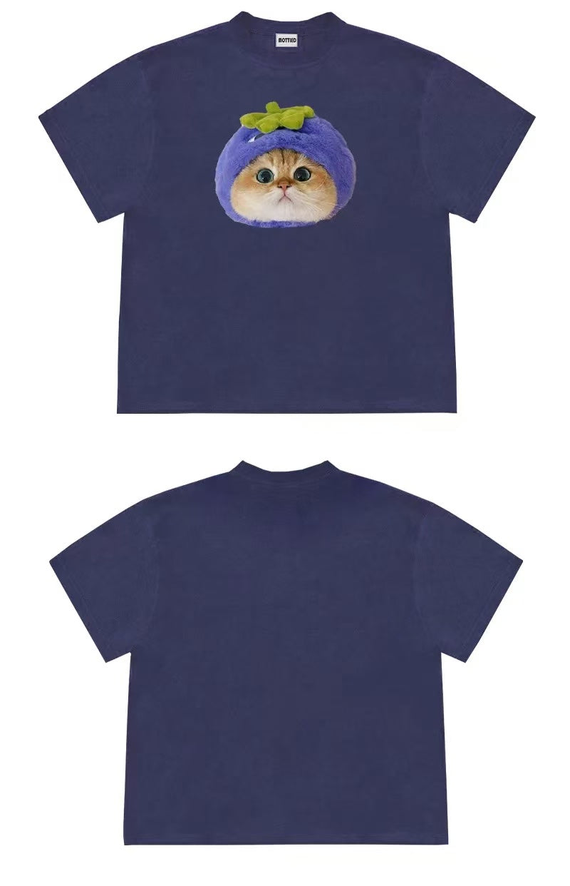 Cute Eggplant Cat Graphic Oversized T-Shirt – Kawaii Cotton Tee
