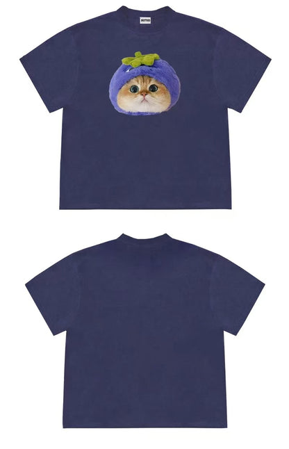Cute Eggplant Cat Graphic Oversized T-Shirt – Kawaii Cotton Tee