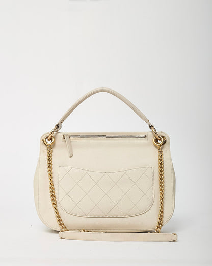 Chanel White Caviar Leather Large Top Handle Flap Bag with Removable Strap