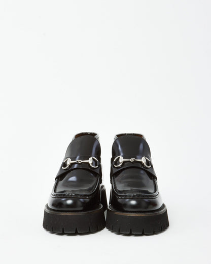 Gucci Black Leather SHW Horsebit Lug Sole Ankle Booties - 41.5