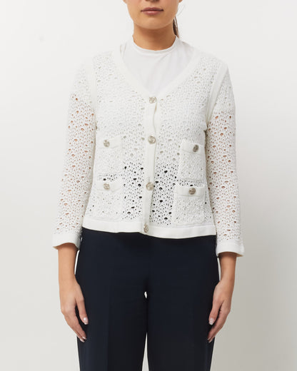 Chanel White Perforated Crochet Knit CC Logo Button Cardigan Sweater - 40