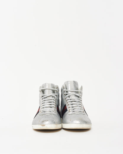 Gucci Silver Glitter Web High-Top Sneakers - 7.5 MEN