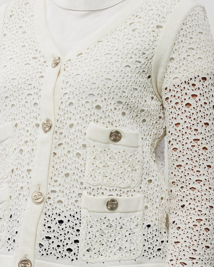 Chanel White Perforated Crochet Knit CC Logo Button Cardigan Sweater - 40