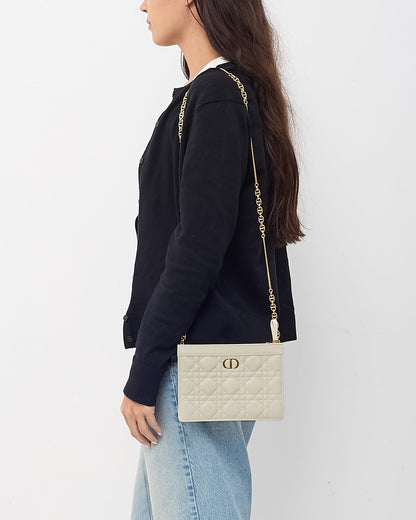 Dior White Calfskin Cannage Leather Caro Zipped Every Dior Pouch With Chain GHW