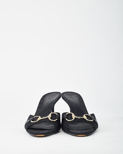 Gucci Black GG Monogram Canvas Open-Toe Gold Horsebit Mule Sandals - 40.5