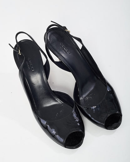 Gucci Vintage Black Patent Leather and GG Logo Tortoise Wedges - 40.5