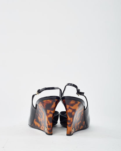 Gucci Vintage Black Patent Leather and GG Logo Tortoise Wedges - 40.5