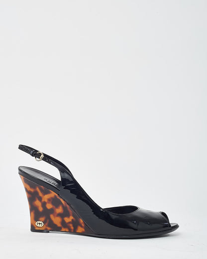 Gucci Vintage Black Patent Leather and GG Logo Tortoise Wedges - 40.5