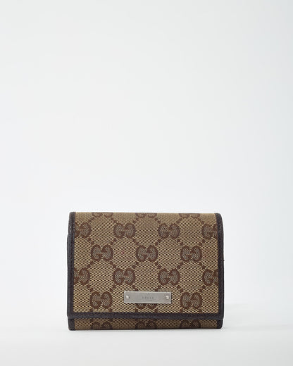 Gucci Dark Brown Leather and Beige and Brown GG Monogram Canvas Card Case Wallet