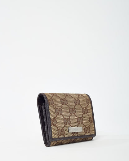 Gucci Dark Brown Leather and Beige and Brown GG Monogram Canvas Card Case Wallet