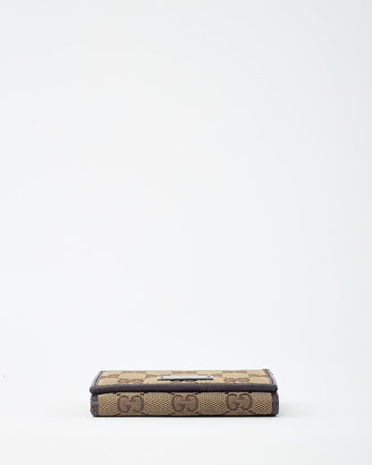 Gucci Dark Brown Leather and Beige and Brown GG Monogram Canvas Card Case Wallet