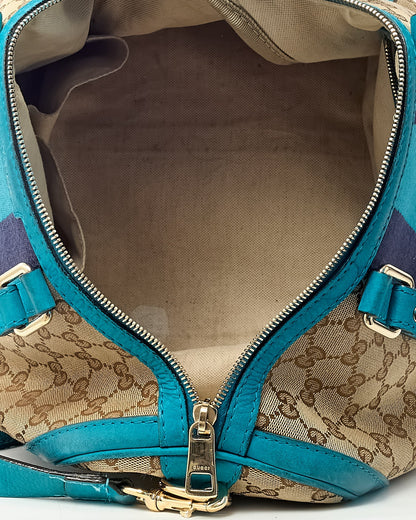 Gucci Blue Leather and Beige GG Monogram Canvas Blue Web Joy Boston Bag with Strap