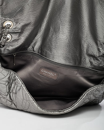 Chanel Silver Vinyl Graphic Edge Camellia Flower Accordion Flap Bag SHW