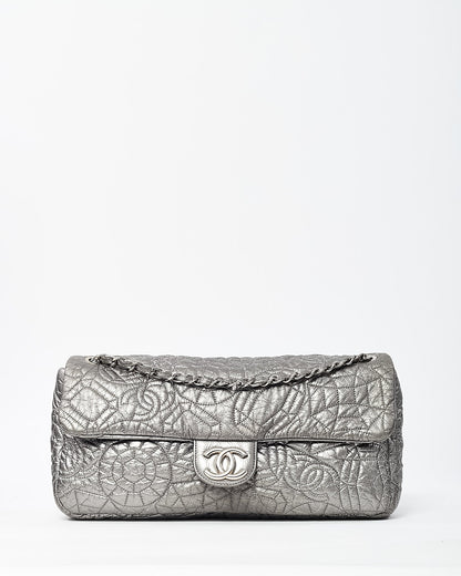 Chanel Silver Vinyl Graphic Edge Camellia Flower Accordion Flap Bag SHW